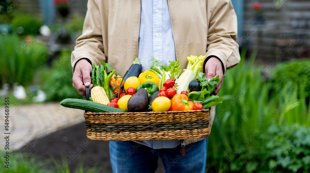 Fototapeta premium Basket with vegetable in the hands. Farmer man holding basket full of fresh raw vegetables from his garden, home grown product concept. 