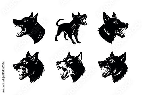 furious dog barking face on white background set