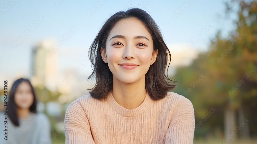 A young woman smiles warmly at the camera, radiating joy in a serene outdoor setting, capturing the essence of modern living. A young woman smiles warmly at the camera, radiating joy in a serene outdoor setting, capturing the essence of modern living.