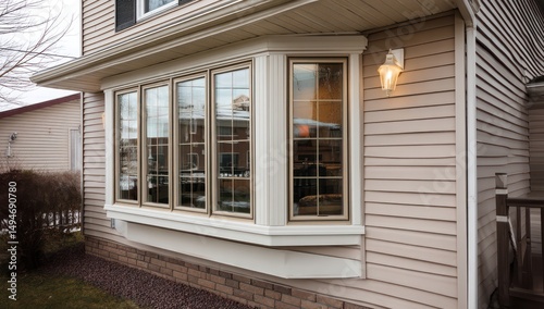 Vinyl-siding house with a bay window, enhancing the overall aesthetic of the exterior.