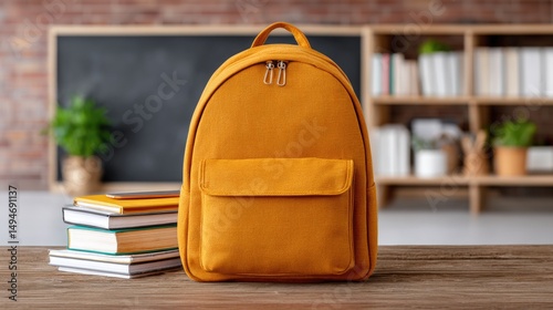 A school backpack against the background of a classroom with a board and shelves for books. Concept of the beginning of the school year.