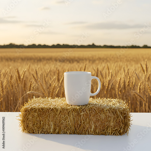 White Mug Mockup: Wheat Field Background on transparent background