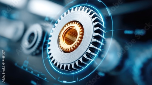 Image of a high-tech gear wheel with elements of augmented and virtual reality.
