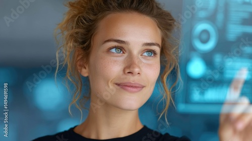 Young woman interacting with a holographic interface. The future of technology.