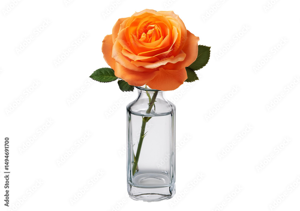 Fototapeta premium Orange rose in glass vase, isolated on transparent background