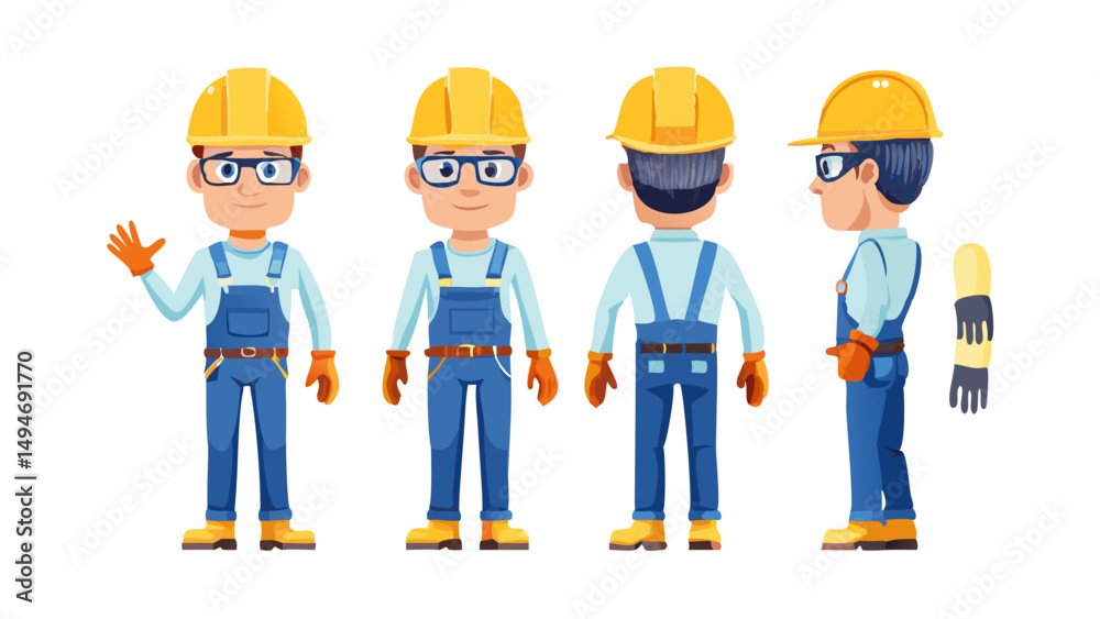 Technician worker wearing helmet, overall uniform, protective goggles. Character constructor for animation. Front, side and back view set. Body parts, postures, poses collection. Vector illustration.T Technician worker wearing helmet, overall uniform, protective goggles. Character constructor for animation. Front, side and back view set. Body parts, postures, poses collection. Vector illustration.T