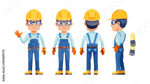 Technician worker wearing helmet, overall uniform, protective goggles. Character constructor for animation. Front, side and back view set. Body parts, postures, poses collection. Vector illustration.T