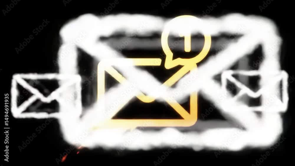 Animation of incoming email notification with a flame effect on a dark background