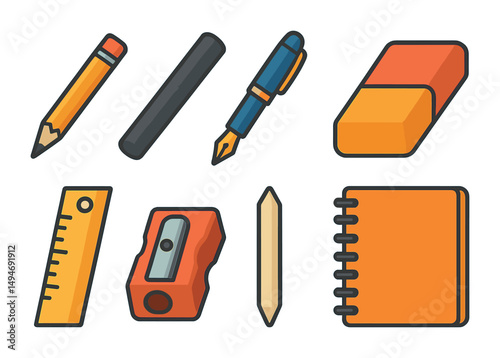 Stationery and supplies icons set – outline, linear, office and school tools
