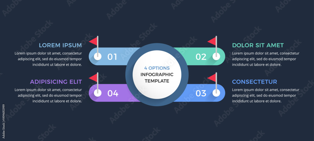 Naklejka premium Modern infographic template with four options with red flag markers for presentations or workflows, dark background, vector eps10 illustration