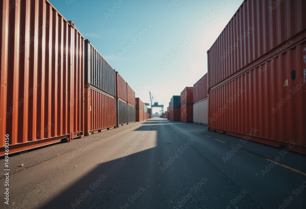 Fototapeta premium Shipping containers lined up in a freight yard under clear blue skies