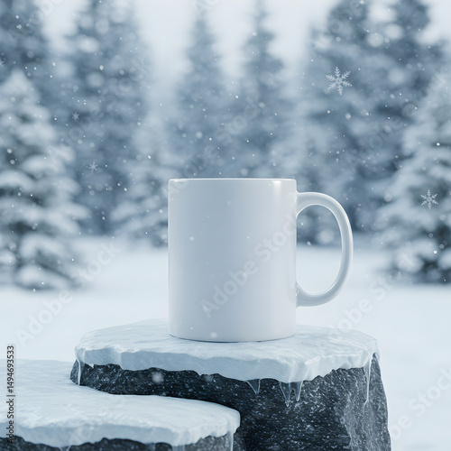 Winter Mug Mockup: White Coffee Cup in Snowy Forest on transparent background