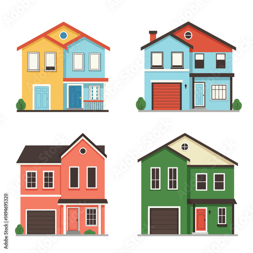 Modern simple suburban house exterior set in flat style design, set of colorful house exterior, vector illustration isolated on white. 