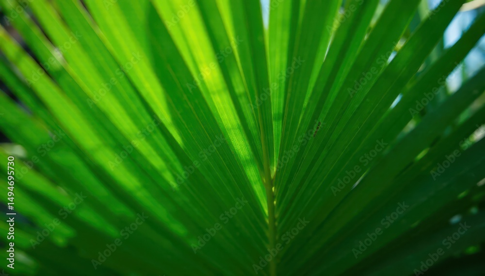 Obraz premium Deep green palm leaf, radiating lines, sunlit surface , summer, tropical pattern