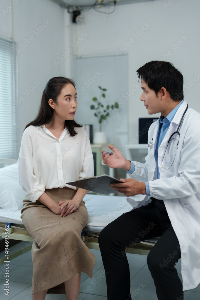 Obraz premium Doctor explaining diagnosis to young patient in hospital room