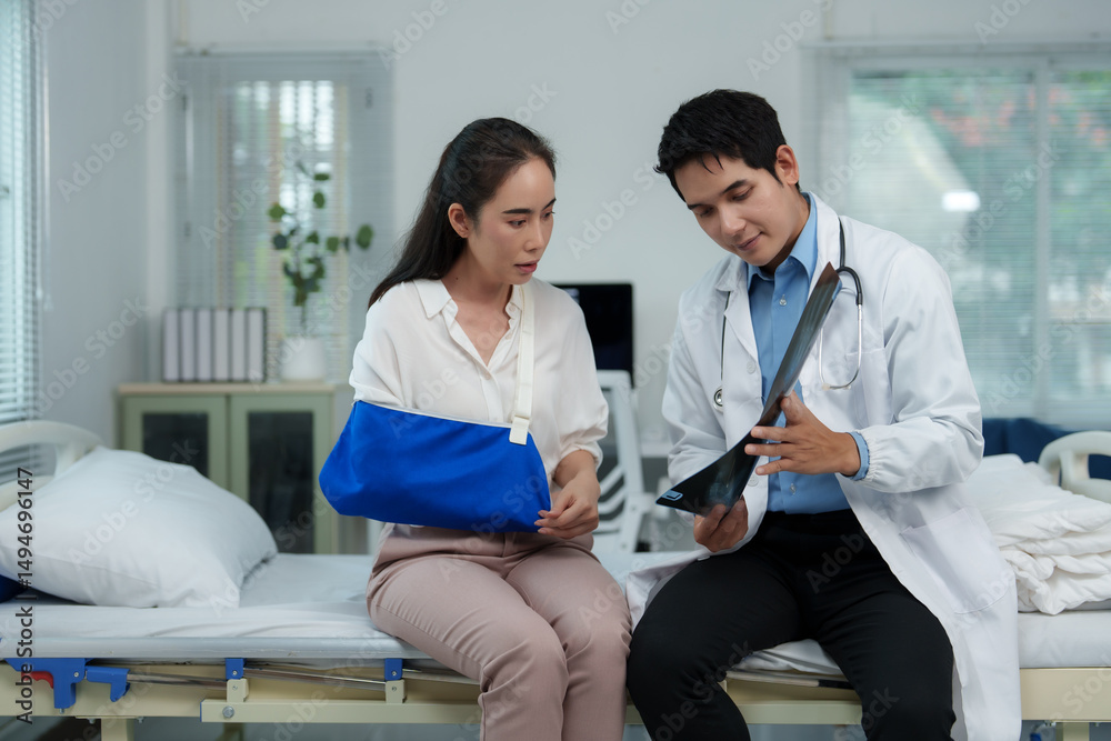 Obraz premium Doctor showing x ray to patient with arm in sling in hospital room