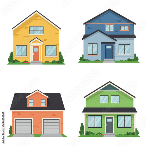 Modern simple suburban house exterior set in flat style design, set of colorful house exterior, vector illustration isolated on white. 