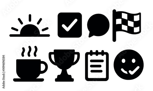 Daily life silhouette icons set – solid, filled, everyday and routine symbols