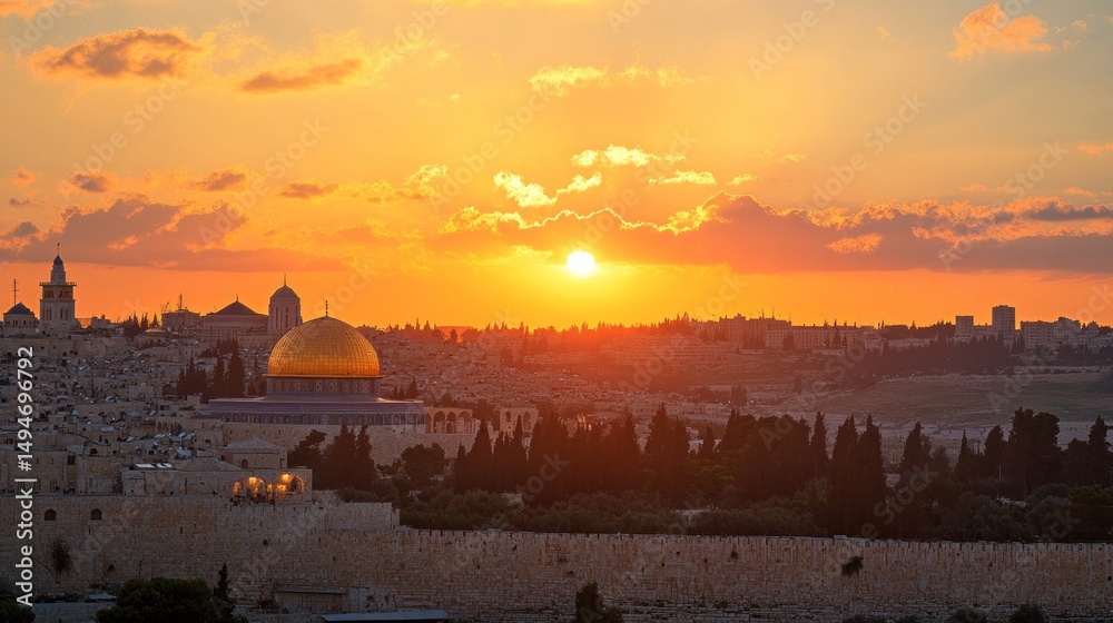 Obraz premium Golden sunset over ancient city walls and domed structure