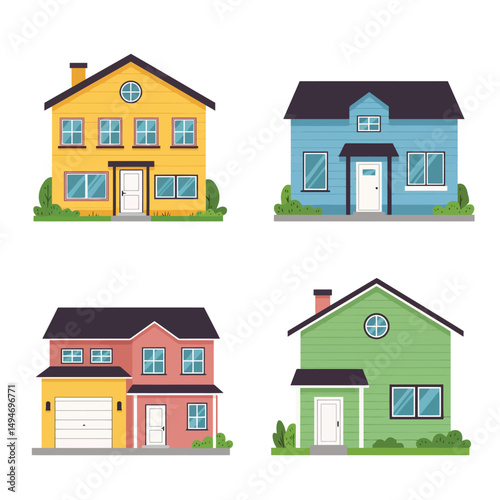 Modern simple suburban house exterior set in flat style design, set of colorful house exterior, vector illustration isolated on white. 