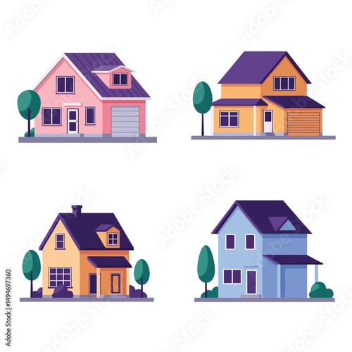 Modern simple suburban house exterior set in flat style design, set of colorful house exterior, vector illustration isolated on white. 