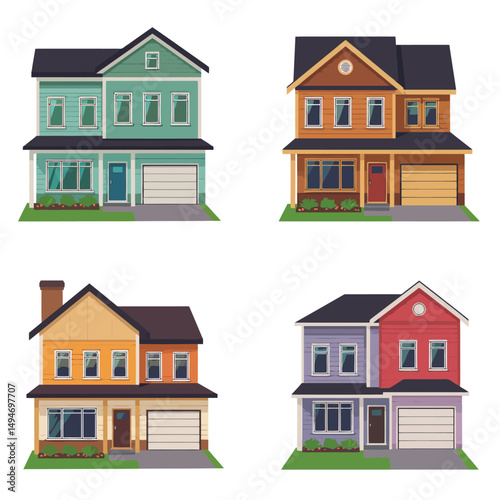 Modern simple suburban house exterior set in flat style design, set of colorful house exterior, vector illustration isolated on white. 