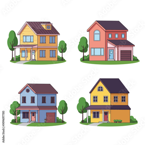 Modern simple suburban house exterior set in flat style design, set of colorful house exterior, vector illustration isolated on white. 
