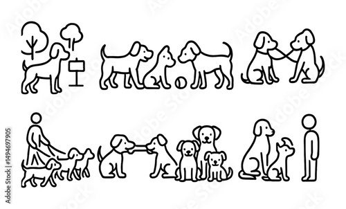 Dog training outline icons set – puppy, pet care, obedience symbol collection