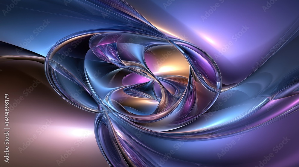 Fototapeta premium Abstract swirling metallic forms in blues, purples, and golds. Intricate, glossy textures and dynamic composition