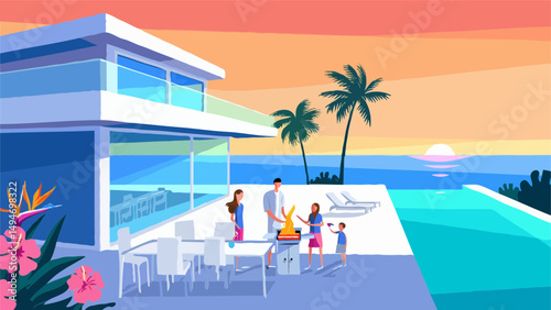 Family barbecue at modern oceanfront home sunset
