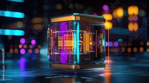 High-Tech Transparent Cube Device with Futuristic Circuitry in Vibrant Neon Lights