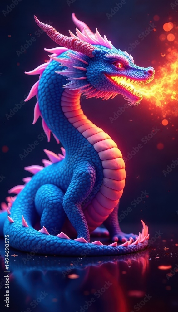 Fototapeta premium Neon blue dragon, vibrant glowing fire breath, mythical, vibrant, neon