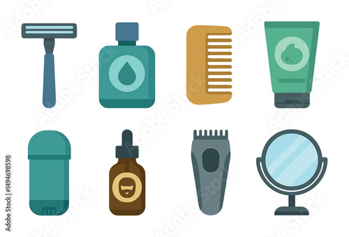 Men's grooming flat icons set – personal care, hygiene, barber tools symbols