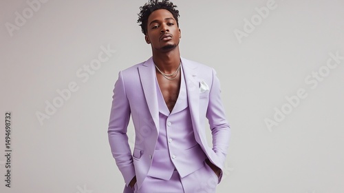 A man in a light lavender Easter suit, standing confidently with hands in pockets on a plain white background.