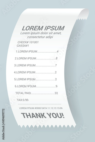 Payment check. Buying financial invoice bill purchasing calculate pay vector isolated. Receipt the seller forms at the online checkout for transfer to the buyer or client, paper piece