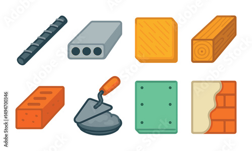 Construction materials flat icons set – building, industrial, structural elements