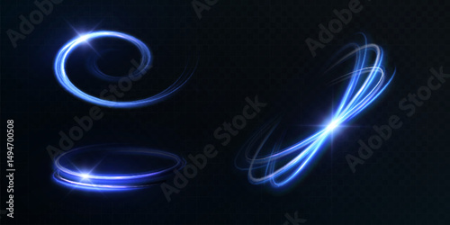 Dynamic traces of light energy flow of vortex rings with bright blue glow. Suitable for game HUD, energy spells, magic effects, sci-fi animation.