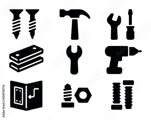 Construction tools solid icons set – filled, silhouette, building and repair symbols