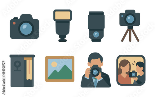 Photography equipment icons set – flat, solid, camera and lens symbols