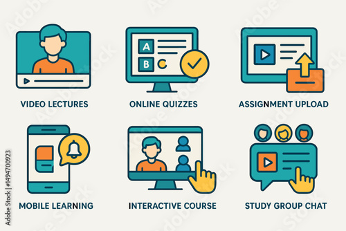 Online learning line icons set – flat, interactive, educational and study symbols