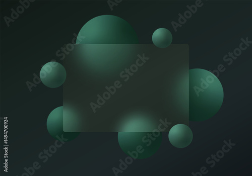Dark glassmorphism panel with floating green spheres, elegant modern 3D mockup for user interface design and abstract visuals.