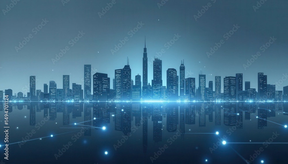 Obraz premium Futuristic City Skyline at Night with Blue Lights and Reflections