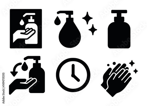Hand hygiene silhouette icons set – solid, filled, health and safety symbols