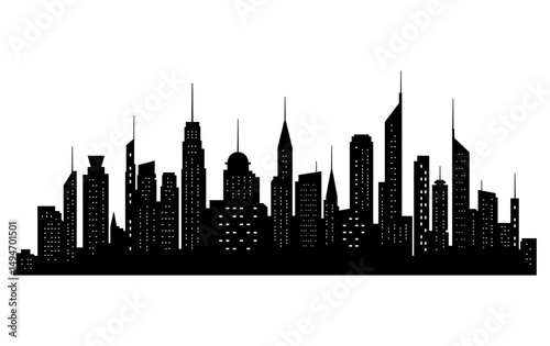 Black cities silhouette collection. Horizontal skyline set in flat style isolated on white. Cityscape with windows, urban panorama of night town.