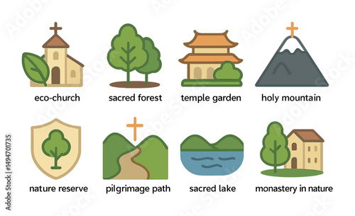 Nature and spirituality icons set – flat, outline, sacred and religious symbols