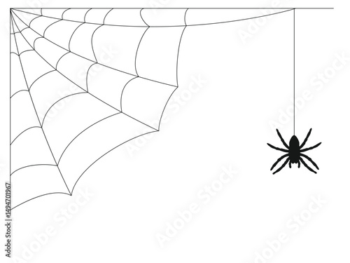 Black silhouette of a spider on a web. Vector illustration on a white background