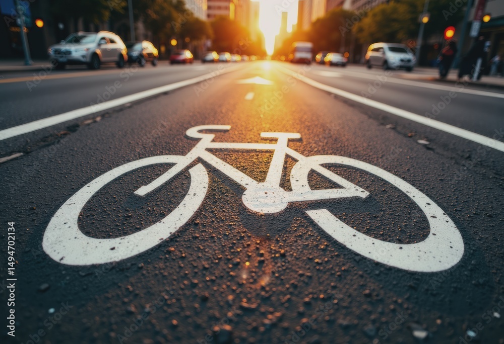 Obraz premium Bicycle lane marking on a city street during sunset