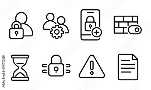 Security and privacy outline icons set – linear, cybersecurity, data protection symbols