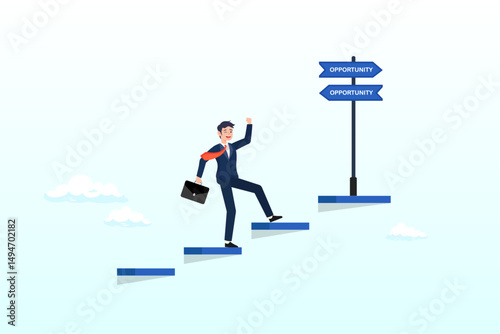 Businessman climb up stair to see opportunity sign, opportunity, chance or career possibility to make decision, life choice to grow business, work accessibility, challenge or potential way to success