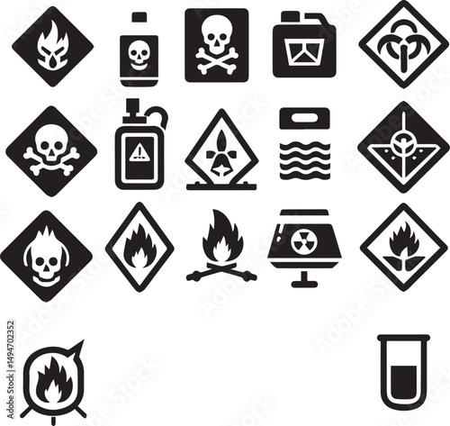 Safety Hazard Icons: A collection of stylized icons represent a range of safety hazards, offering a visually impactful resource for educational, informative, and cautionary purposes.